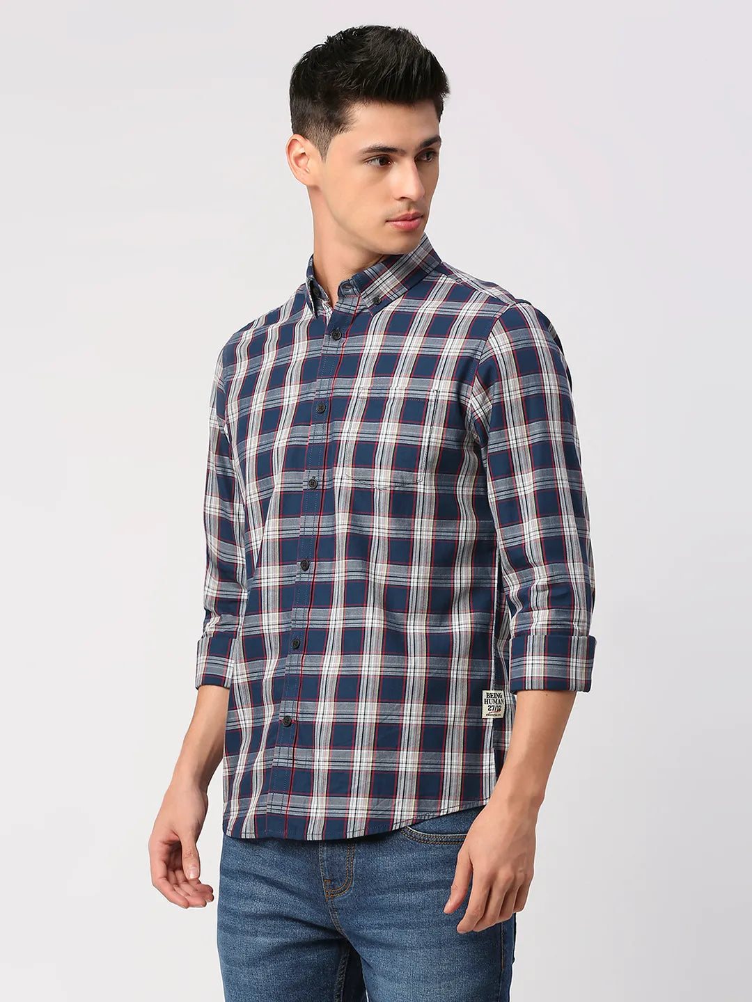 Navy Slim Fit Regular Collar Men's Shirt by Being Human Clothing