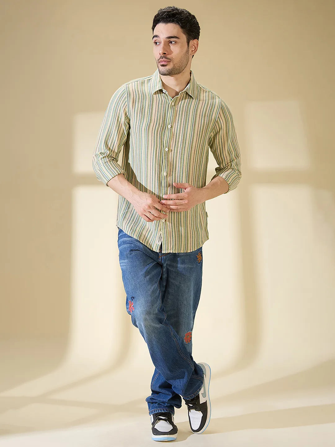 Green Regular Fit Regular Collar Men's Shirt by Being Human Clothing