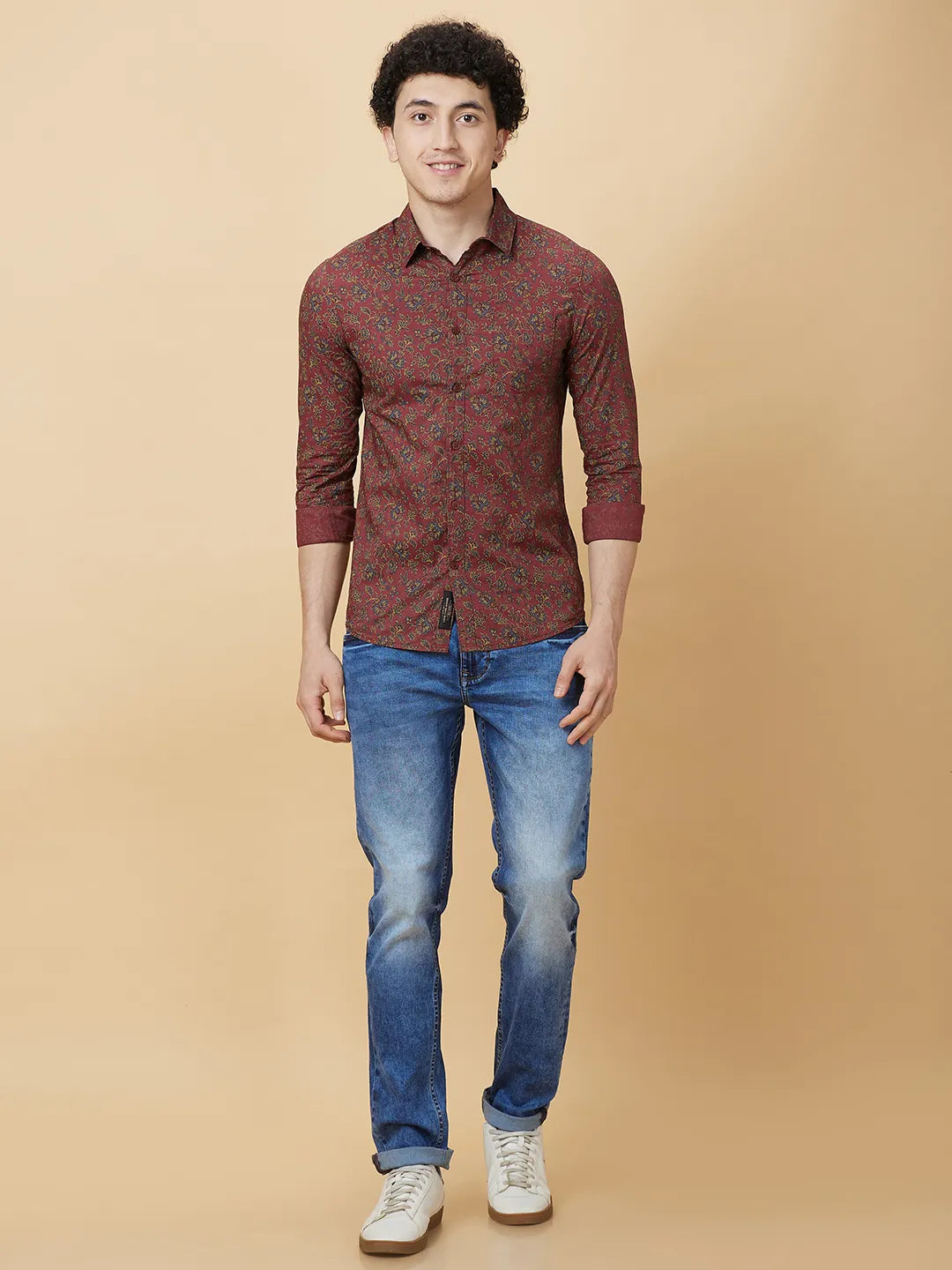 Red Slim Fit Regular Collar Men's Shirt by Being Human Clothing