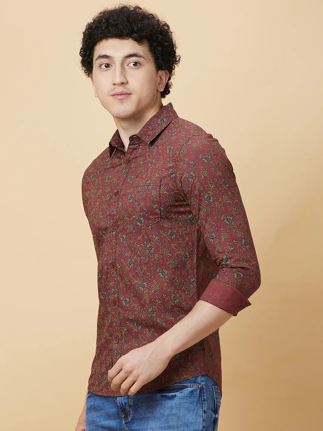 Red Slim Fit Regular Collar Men's Shirt by Being Human Clothing