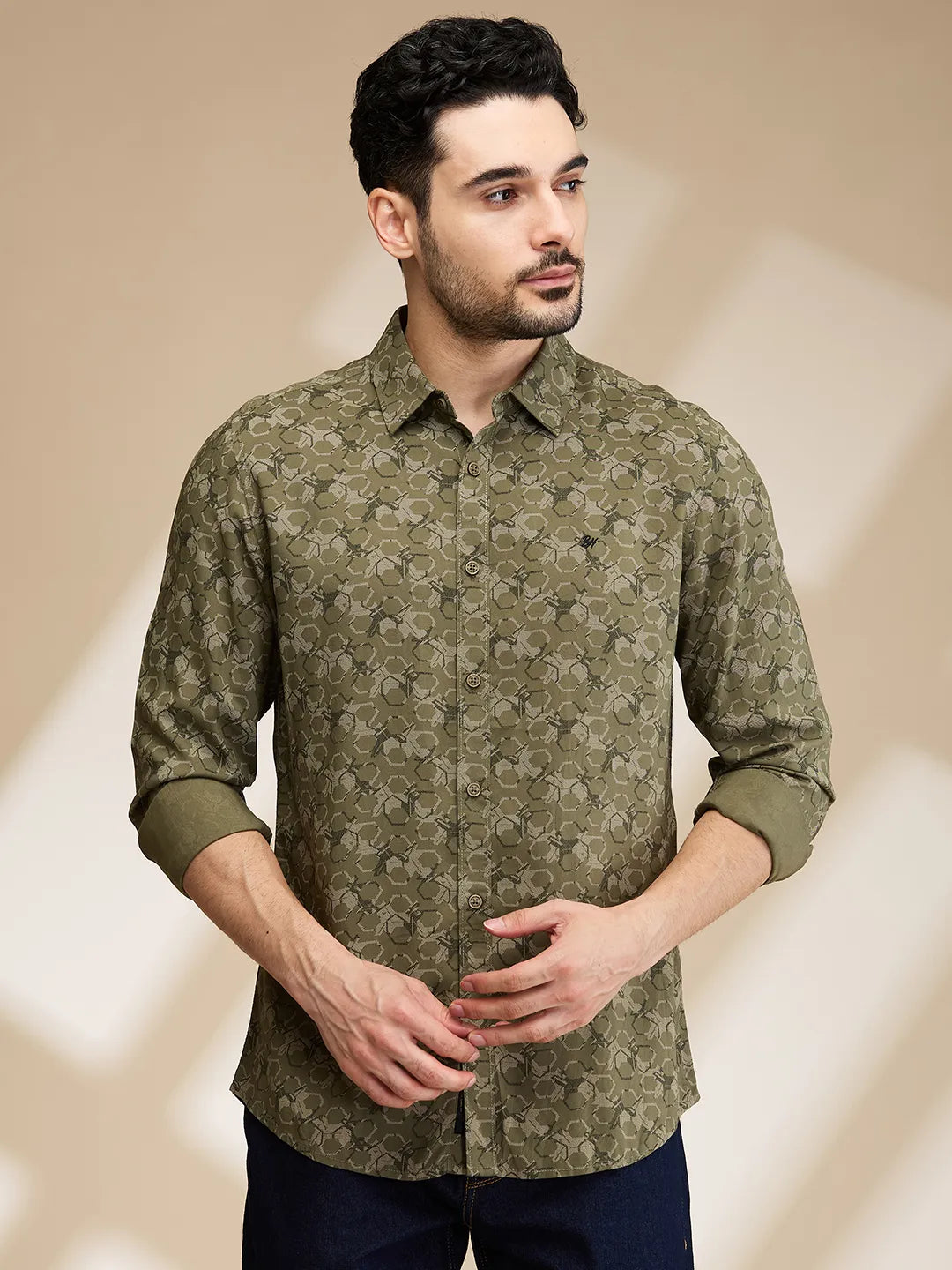 Olive Slim Fit Regular Collar Men's Shirt by Being Human Clothing