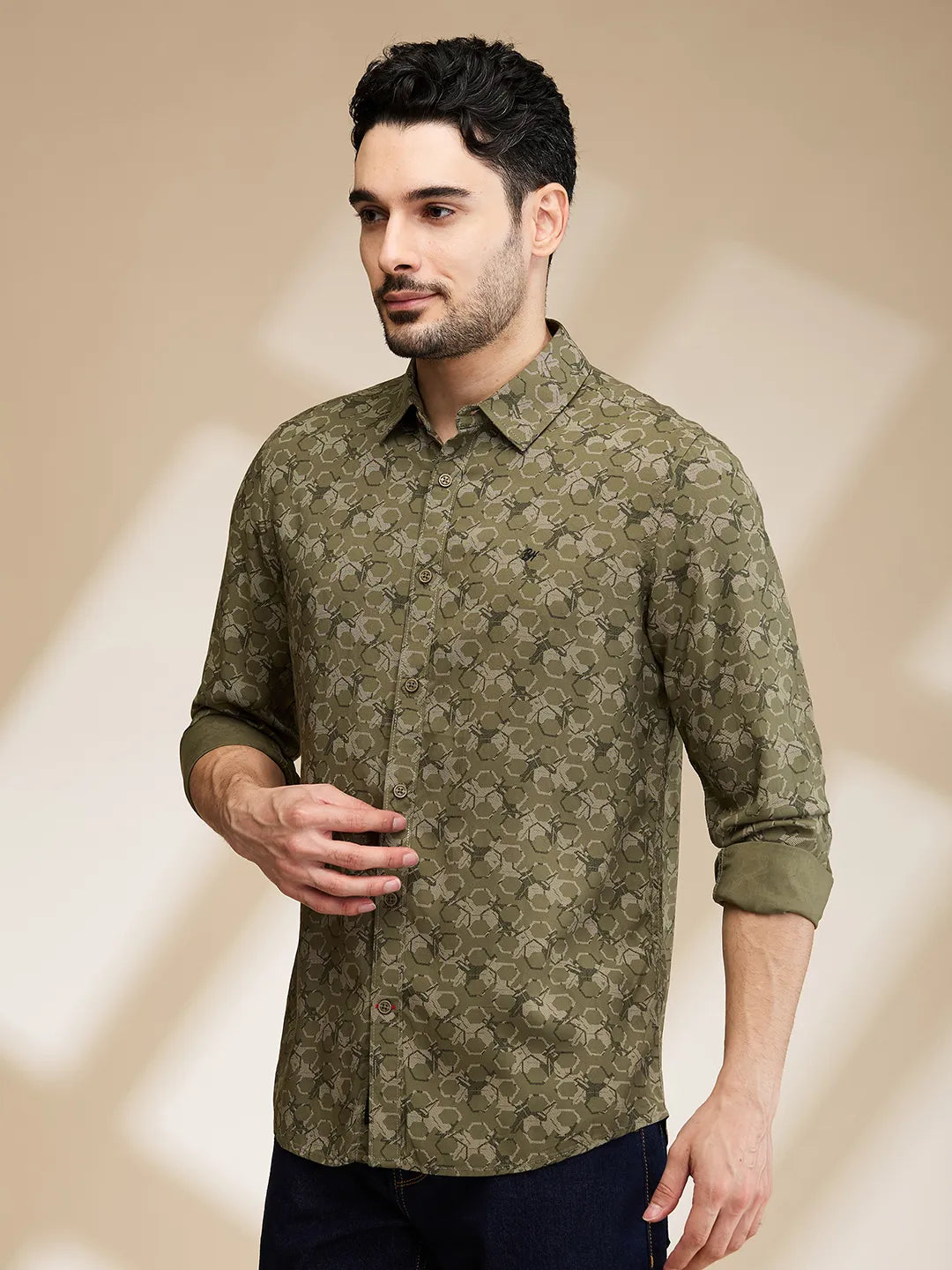 Olive Slim Fit Regular Collar Men's Shirt by Being Human Clothing