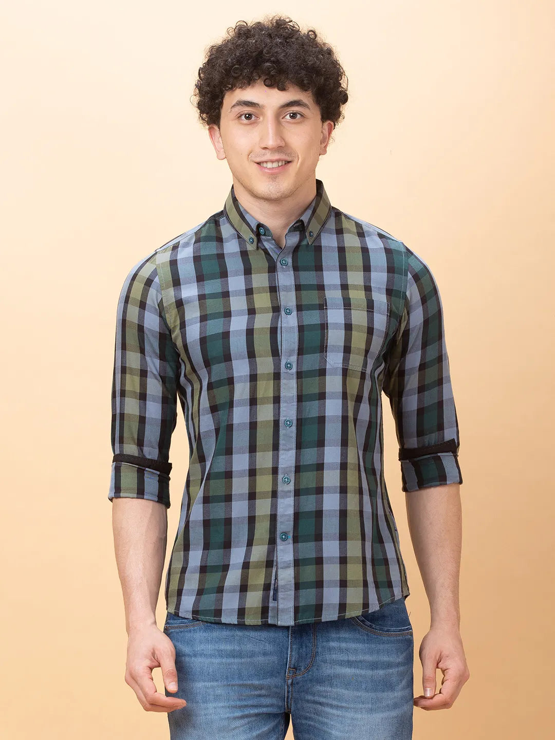 Green Slim Fit Regular Collar Men's Shirt by Being Human Clothing