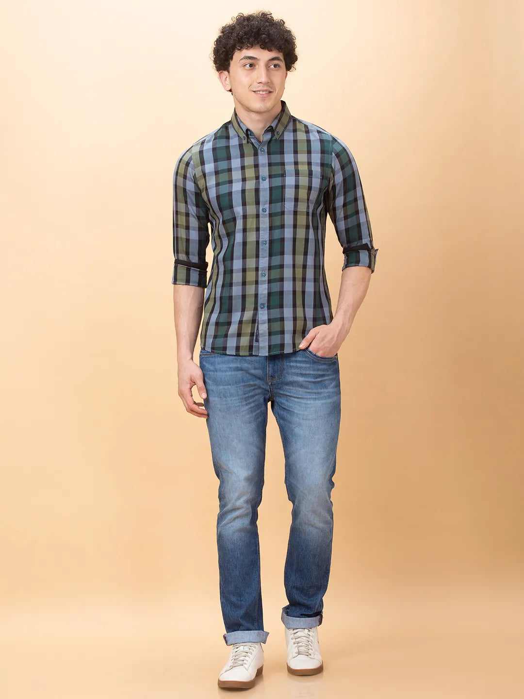 Green Slim Fit Regular Collar Men's Shirt by Being Human Clothing