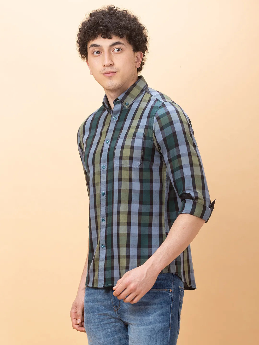 Green Slim Fit Regular Collar Men's Shirt by Being Human Clothing