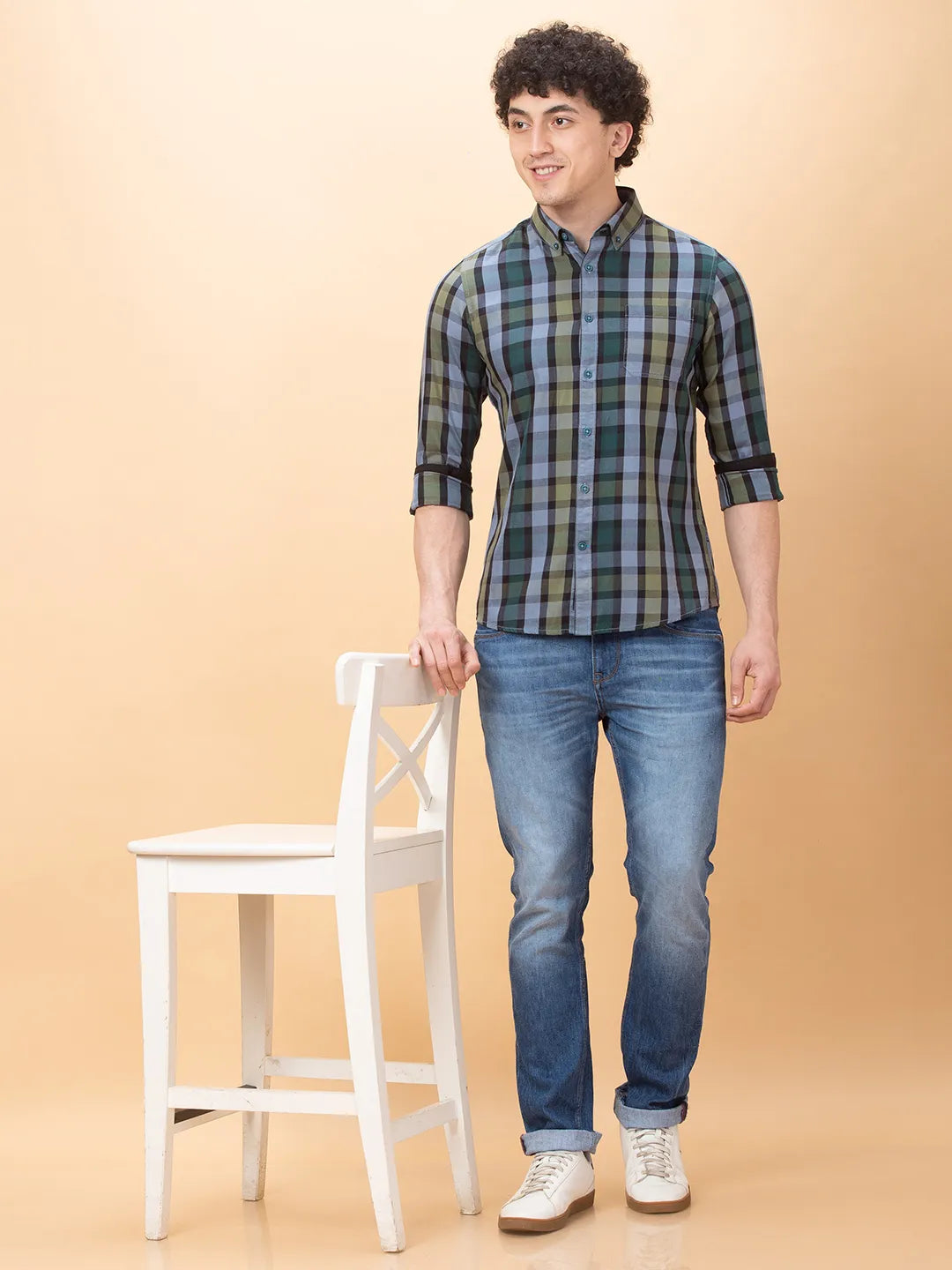 Green Slim Fit Regular Collar Men's Shirt by Being Human Clothing