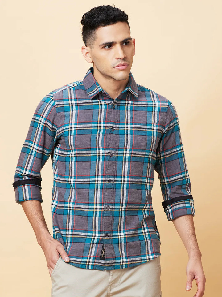 Teal Slim Fit Regular Collar Men's Shirt by Being Human Clothing