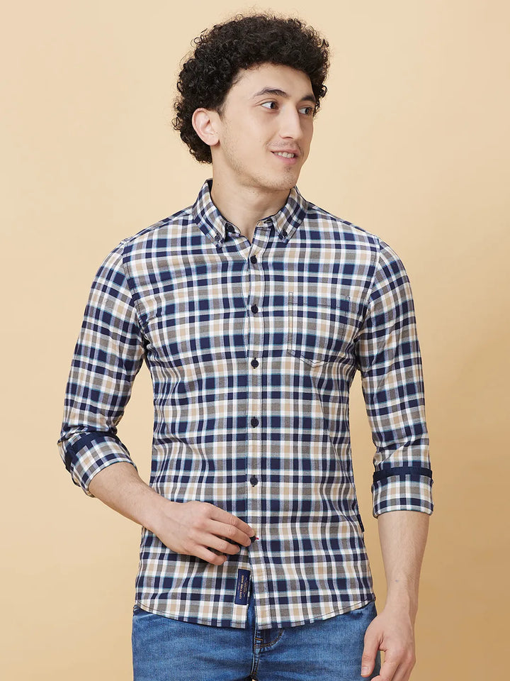 Beige Slim Fit Regular Collar Men's Shirt by Being Human Clothing