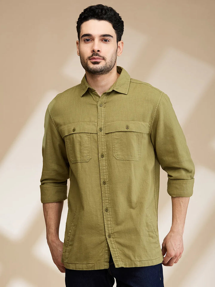 Olive Slim Straight Fit Regular Collar Long Sleeves Men's Shirt by Being Human Clothing