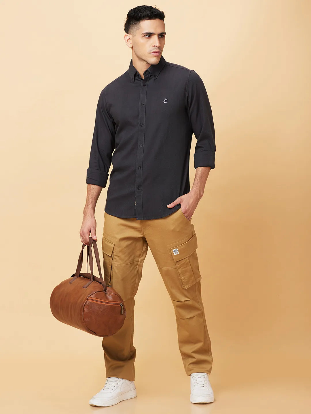 Grey Slim Fit Regular Collar Men's Shirt by Being Human Clothing