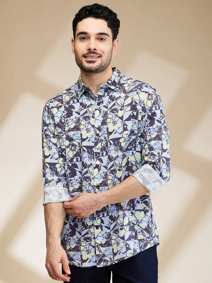 Grey Slim Fit Regular Collar Men's Shirt by Being Human Clothing