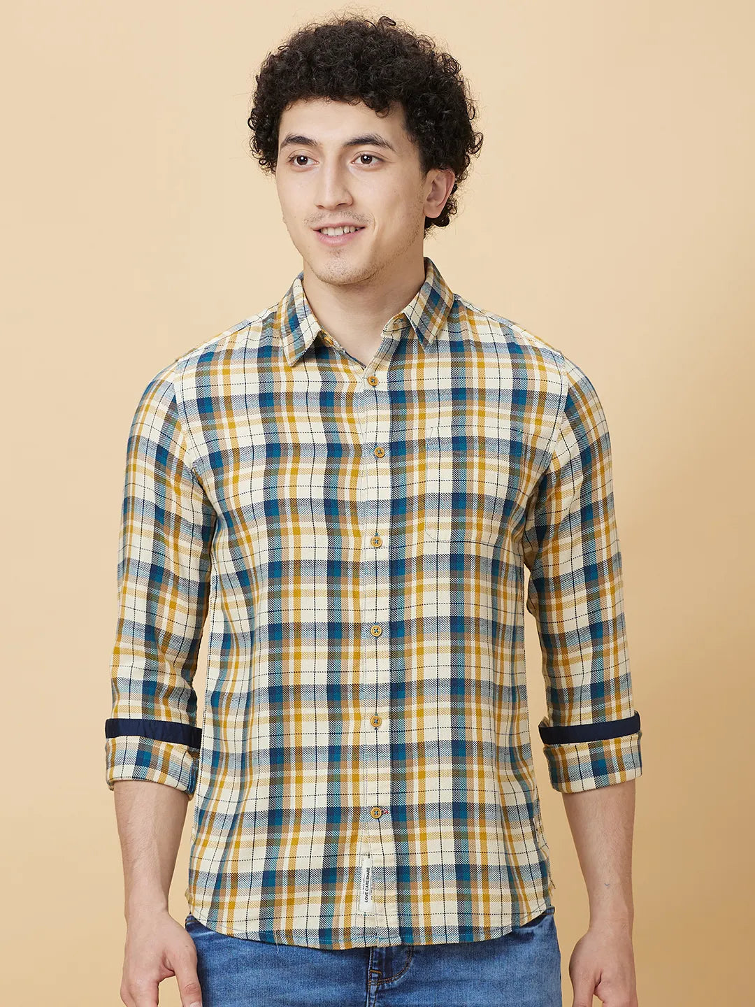 Beige Slim Fit Regular Collar Mens' Shirt by Being Human Clothing