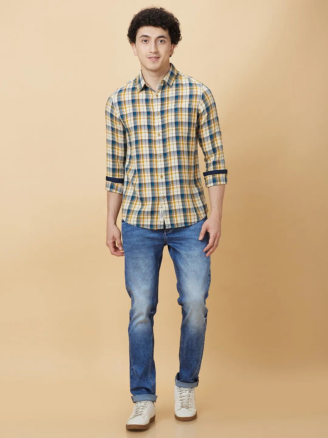 Beige Slim Fit Regular Collar Mens' Shirt by Being Human Clothing