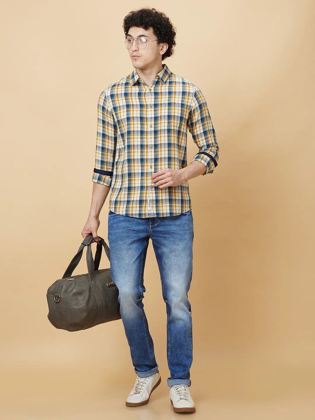 Beige Slim Fit Regular Collar Mens' Shirt by Being Human Clothing