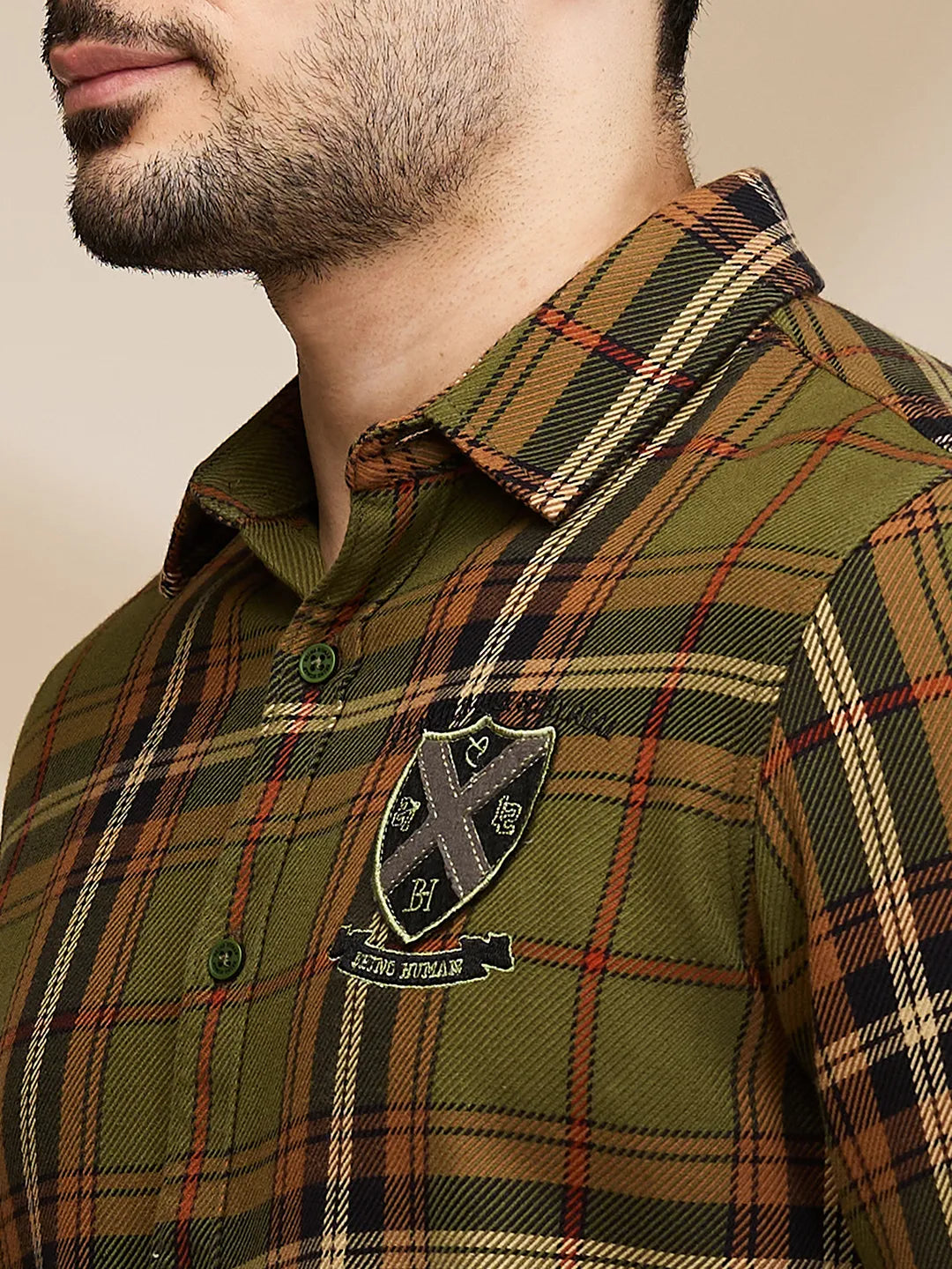 Being Human Clothing Mens-Top Shirts Olive/Beige