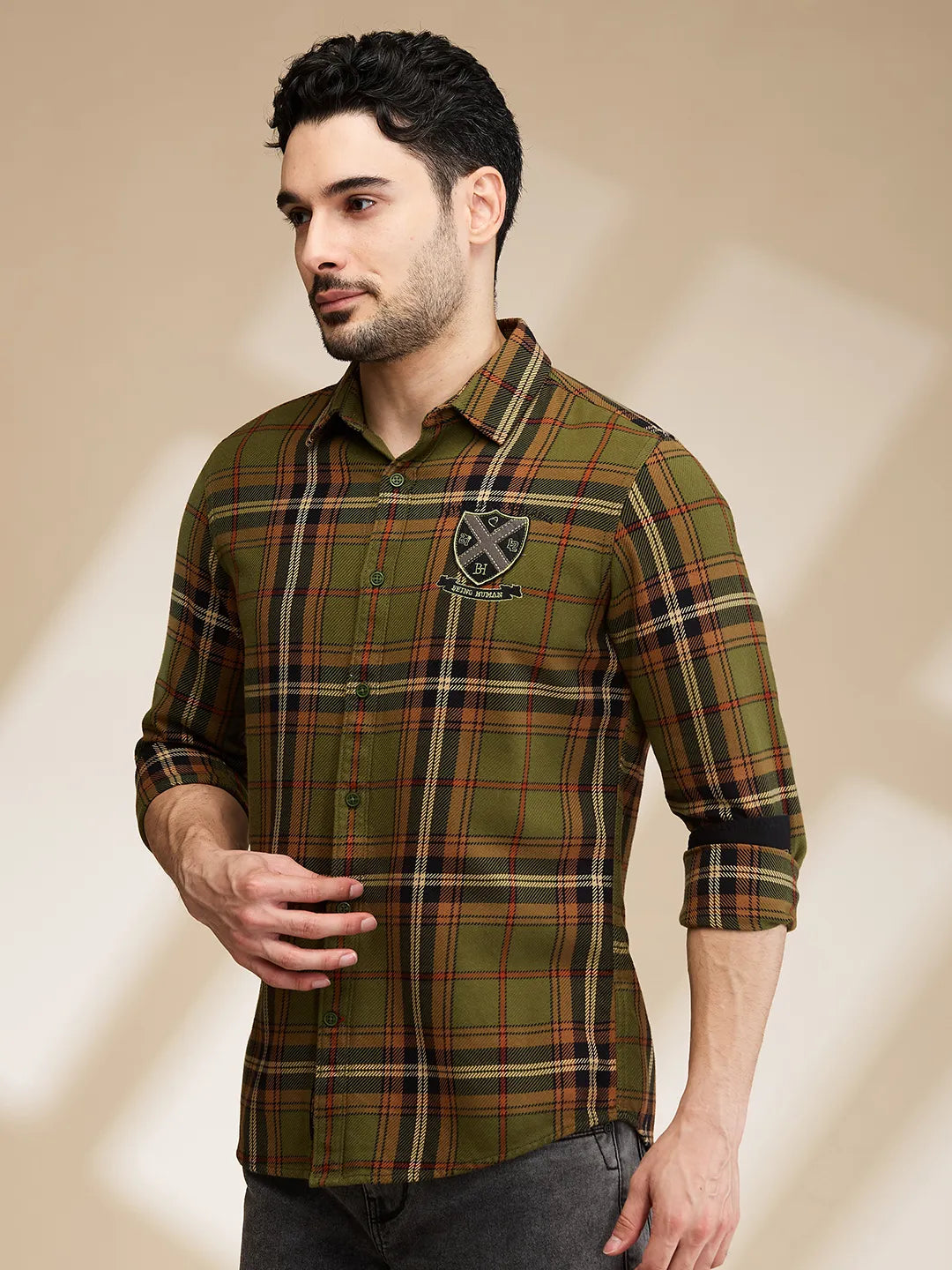 Being Human Clothing Mens-Top Shirts Olive/Beige