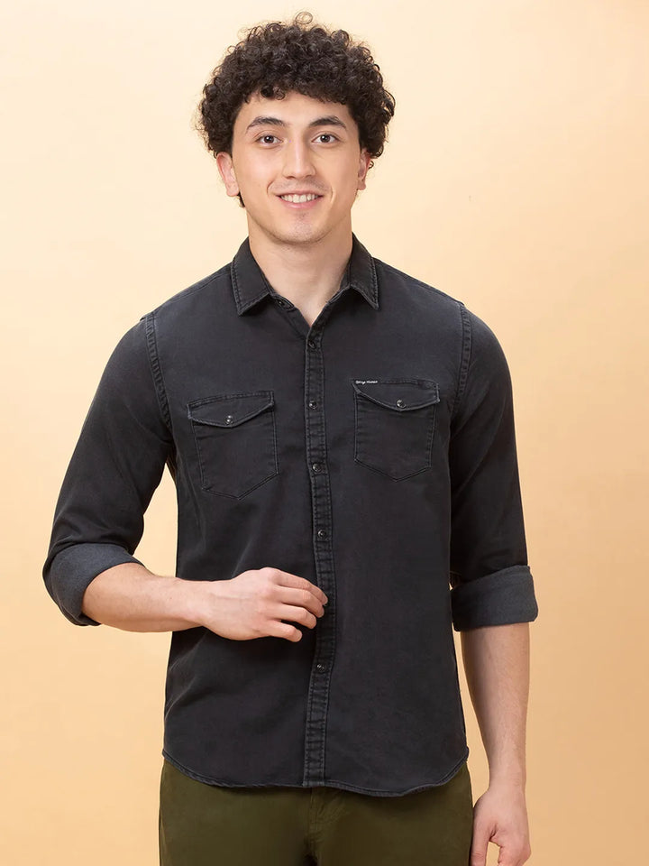 Black Slim Fit Regular Collar Men's Shirt by Being Human Clothing