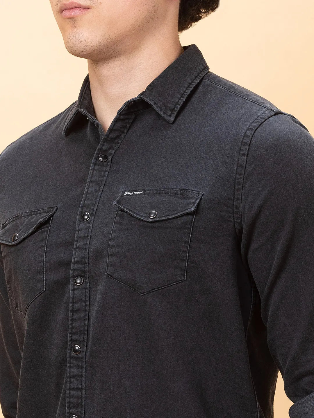Black Slim Fit Regular Collar Mens' Shirt by Being Human Clothing