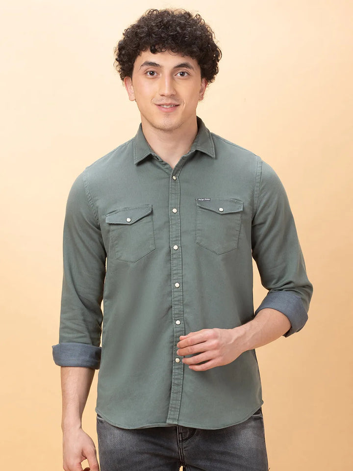Green Slim Fit Regular Collar Men's Shirt by Being Human Clothing