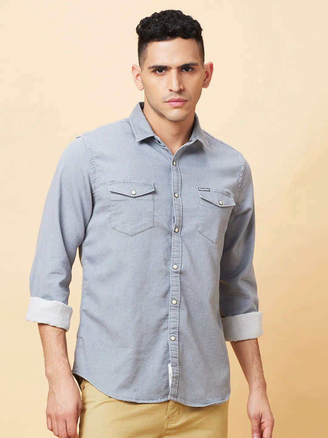 Grey Slim Straight Fit Regular Collar Long Sleeves Men's Shirt by Being Human Clothing