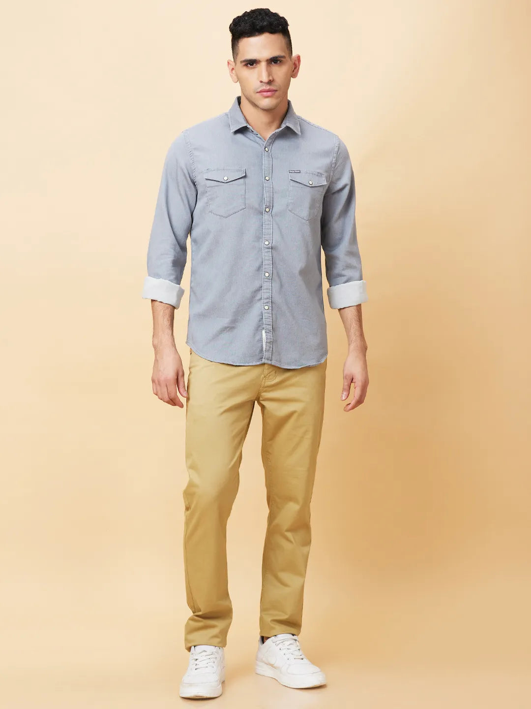 Grey Slim Straight Fit Regular Collar Long Sleeves Men's Shirt by Being Human Clothing