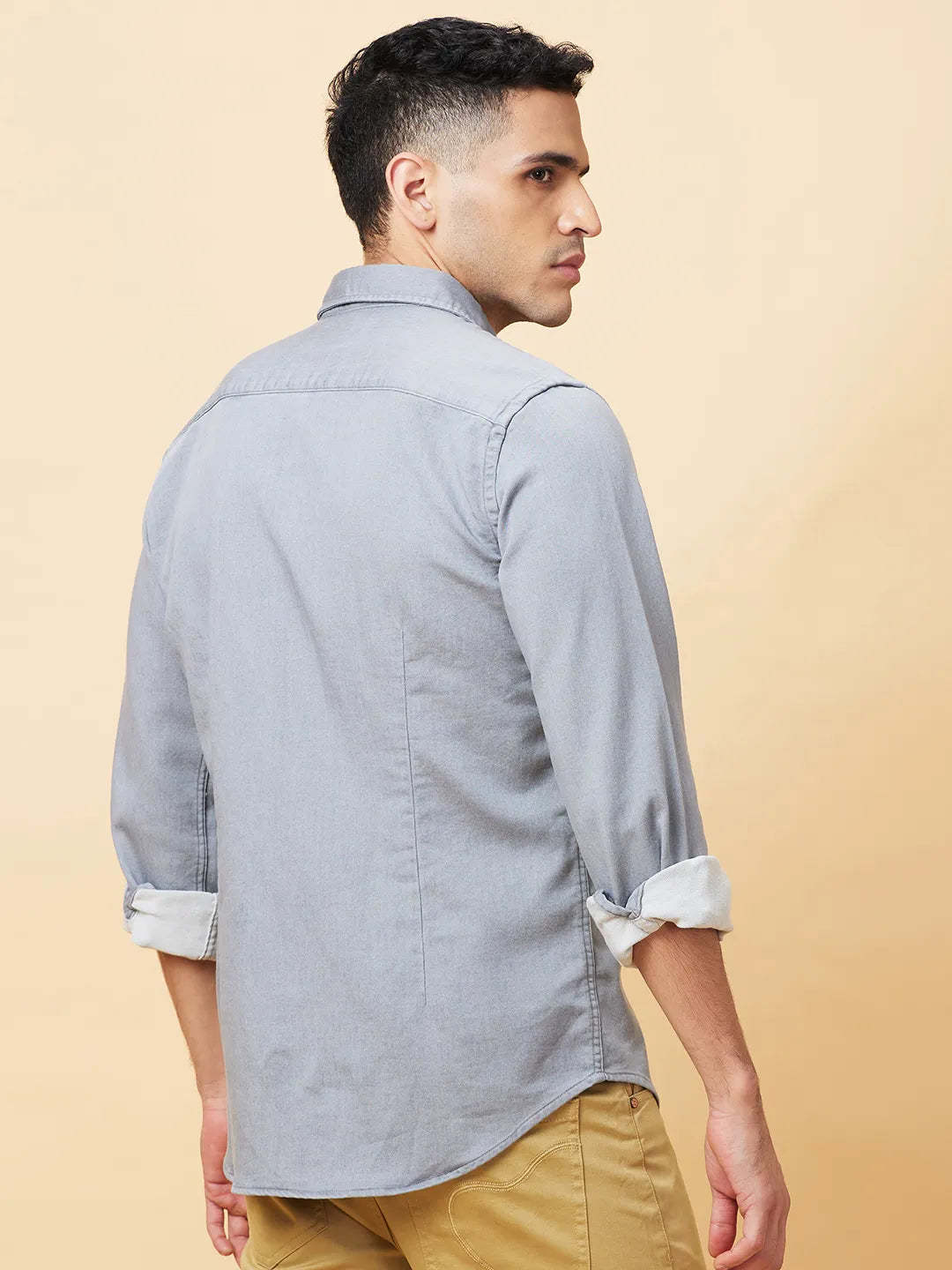 Grey Slim Straight Fit Regular Collar Long Sleeves Men's Shirt by Being Human Clothing