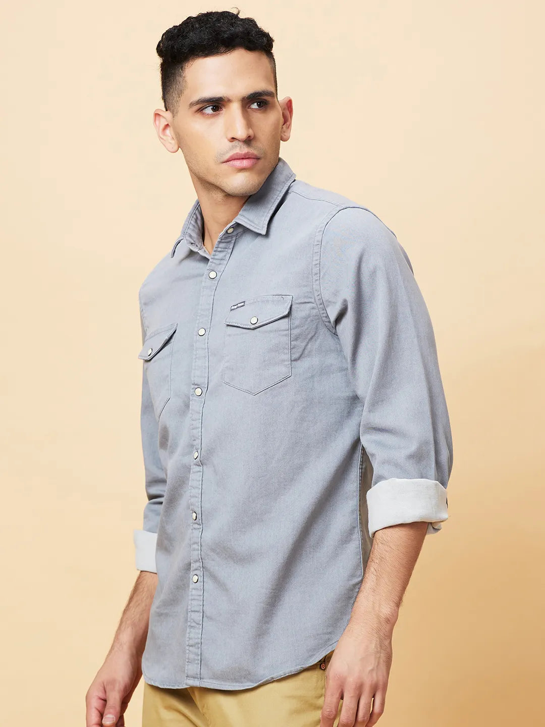 Grey Slim Straight Fit Regular Collar Long Sleeves Men's Shirt by Being Human Clothing