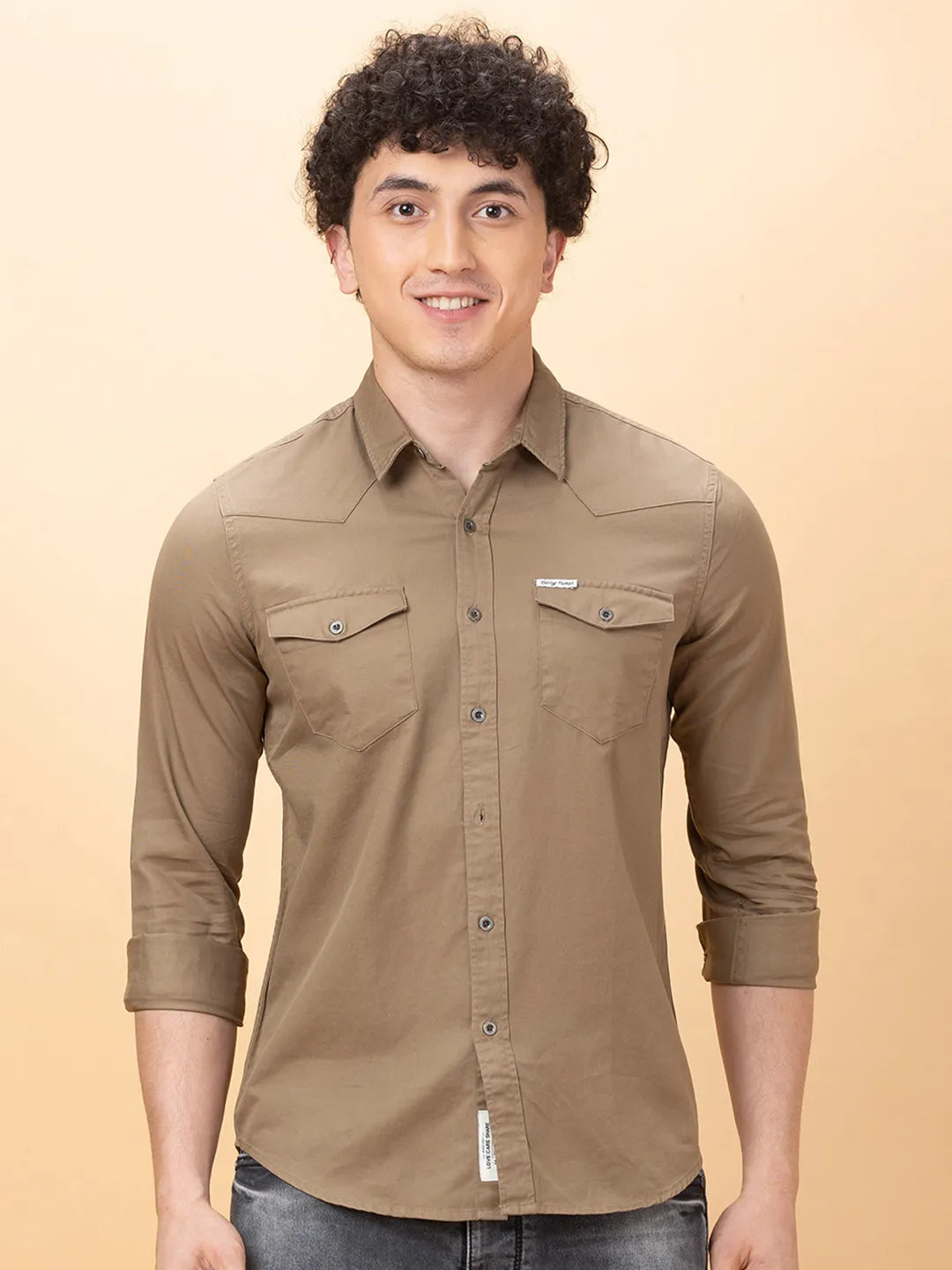 Khaki Slim Fit Regular Collar Men's Shirt by Being Human Clothing