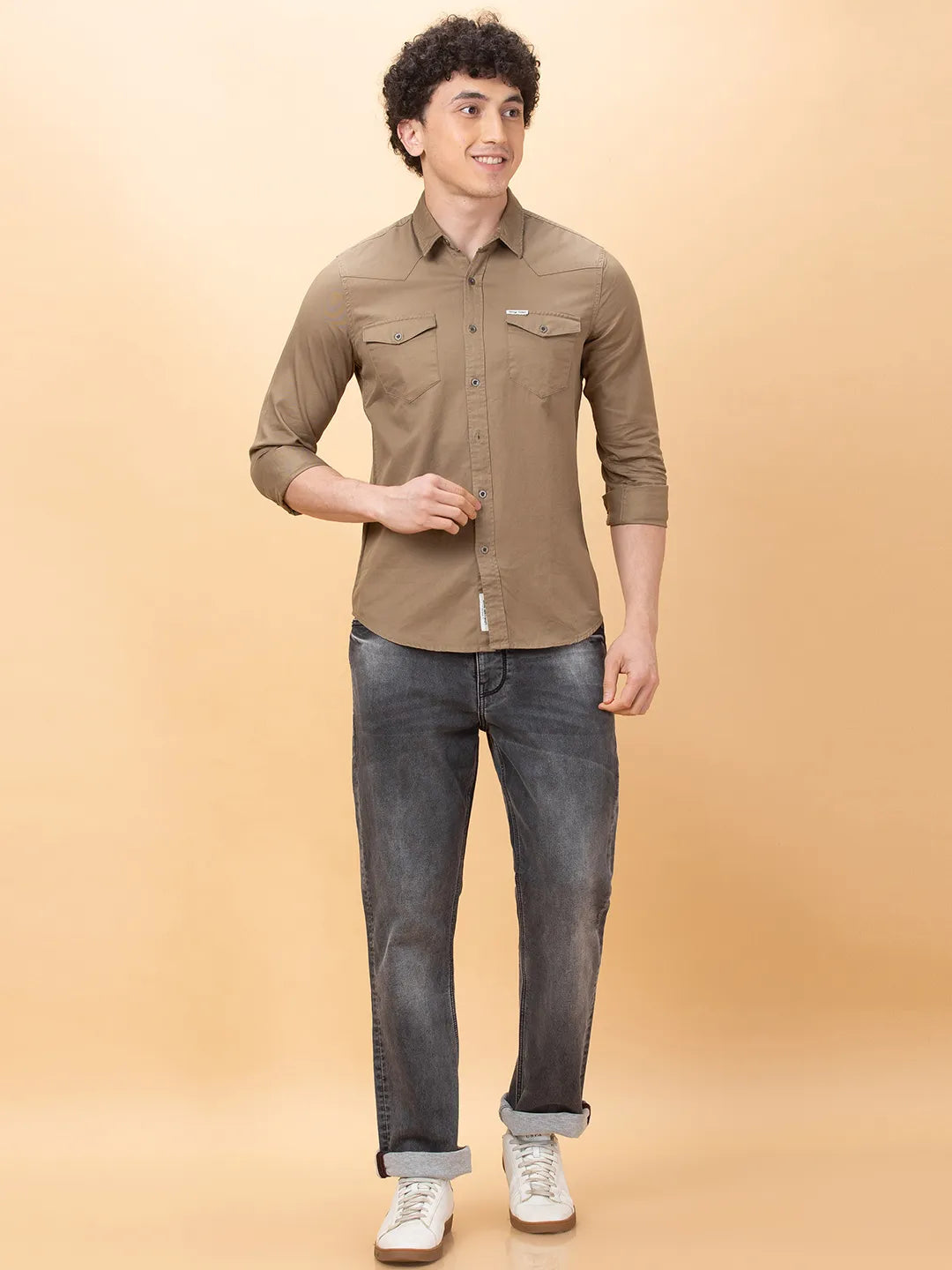 Khaki Slim Fit Regular Collar Men's Shirt by Being Human Clothing