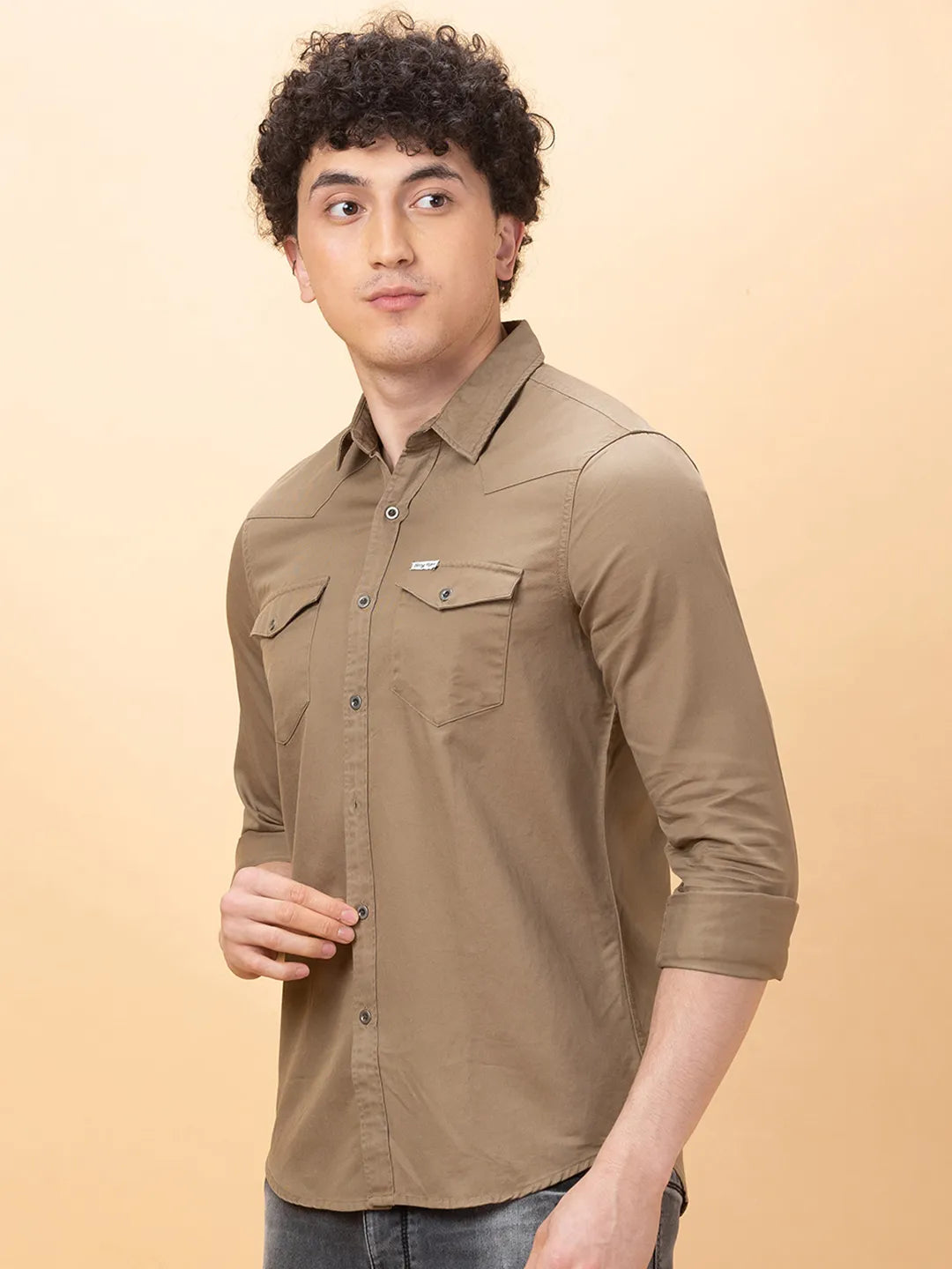 Khaki Slim Fit Regular Collar Men's Shirt by Being Human Clothing