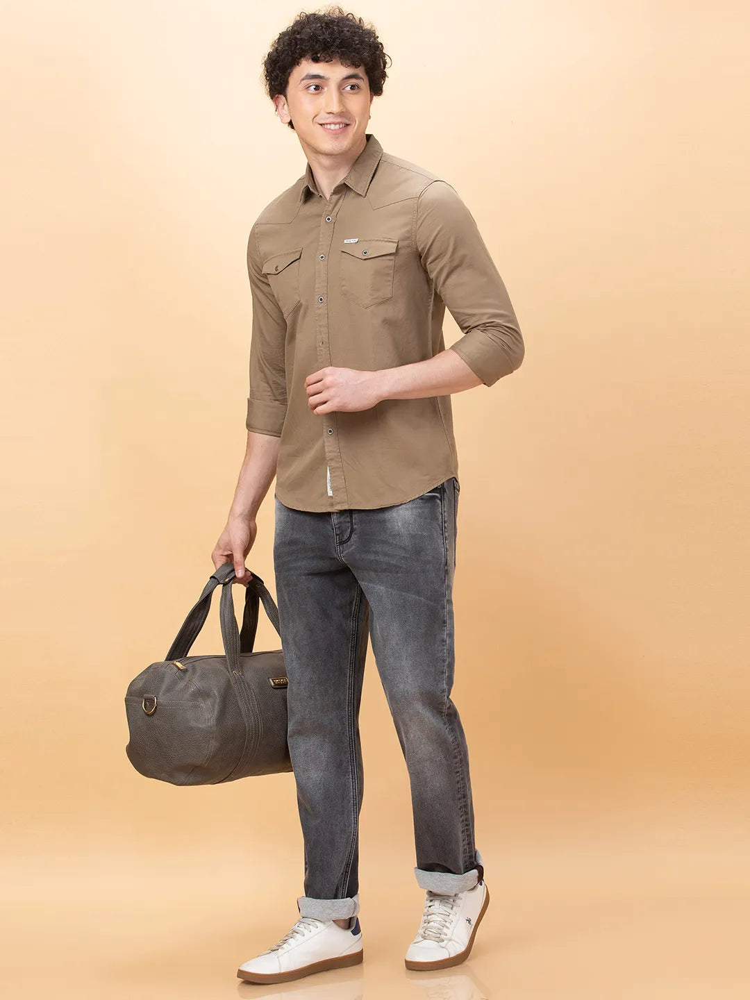 Khaki Slim Fit Regular Collar Men's Shirt by Being Human Clothing