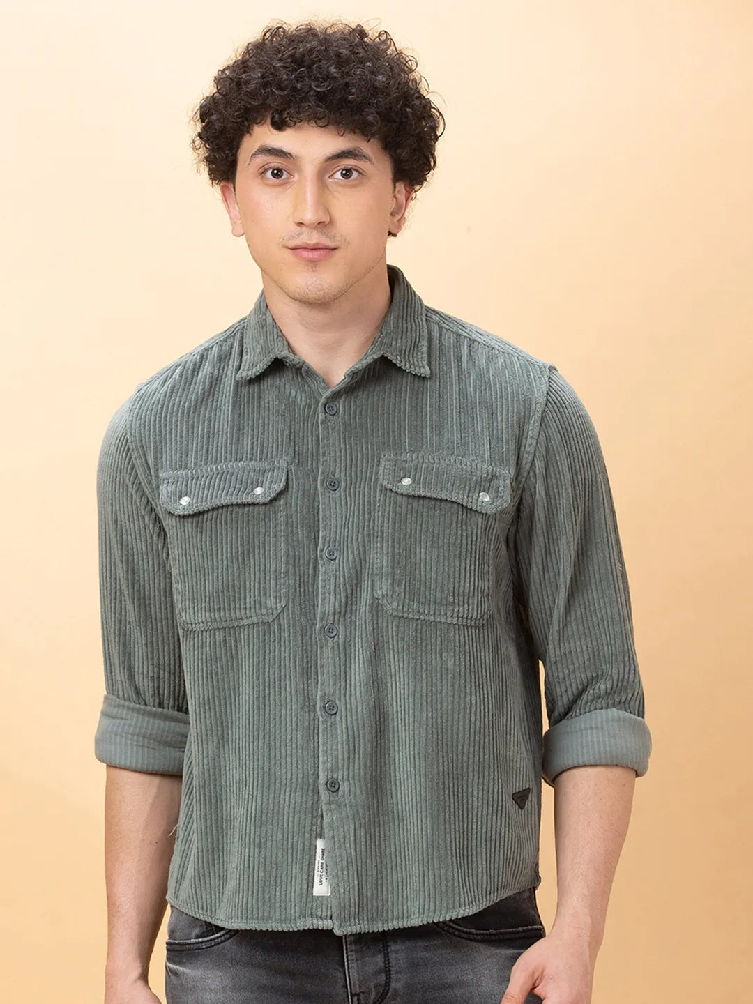 Green Slim Fit Regular Collar Men's Shirt by Being Human Clothing