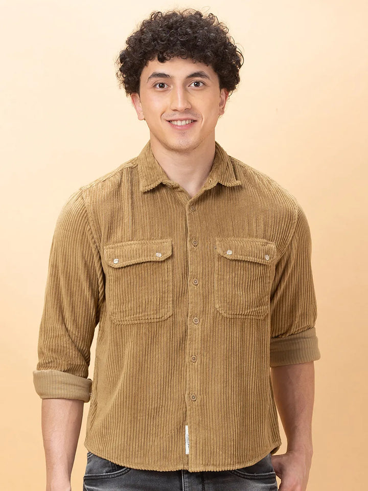 Khaki Slim Fit Regular Collar Men's Shirt by Being Human Clothing