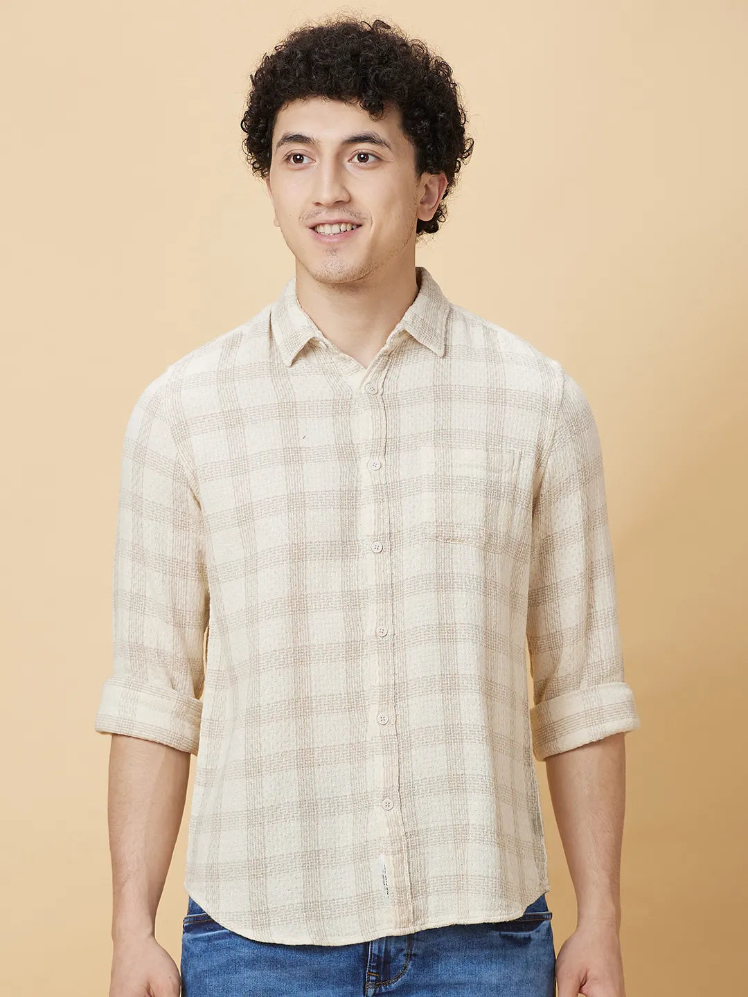 Cream Slim Fit Regular Collar Men's Shirt by Being Human Clothing