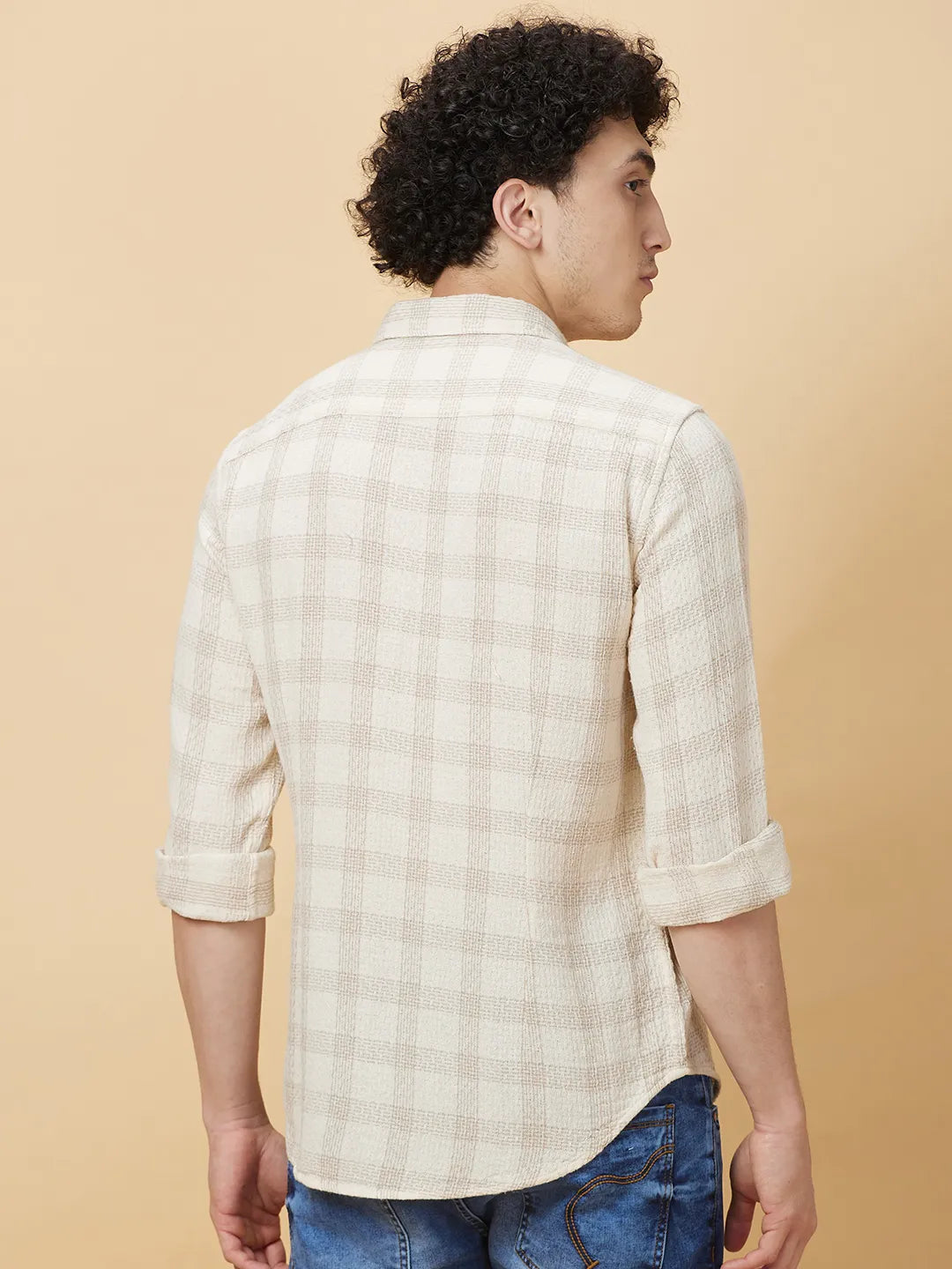 Cream Slim Fit Regular Collar Men's Shirt by Being Human Clothing