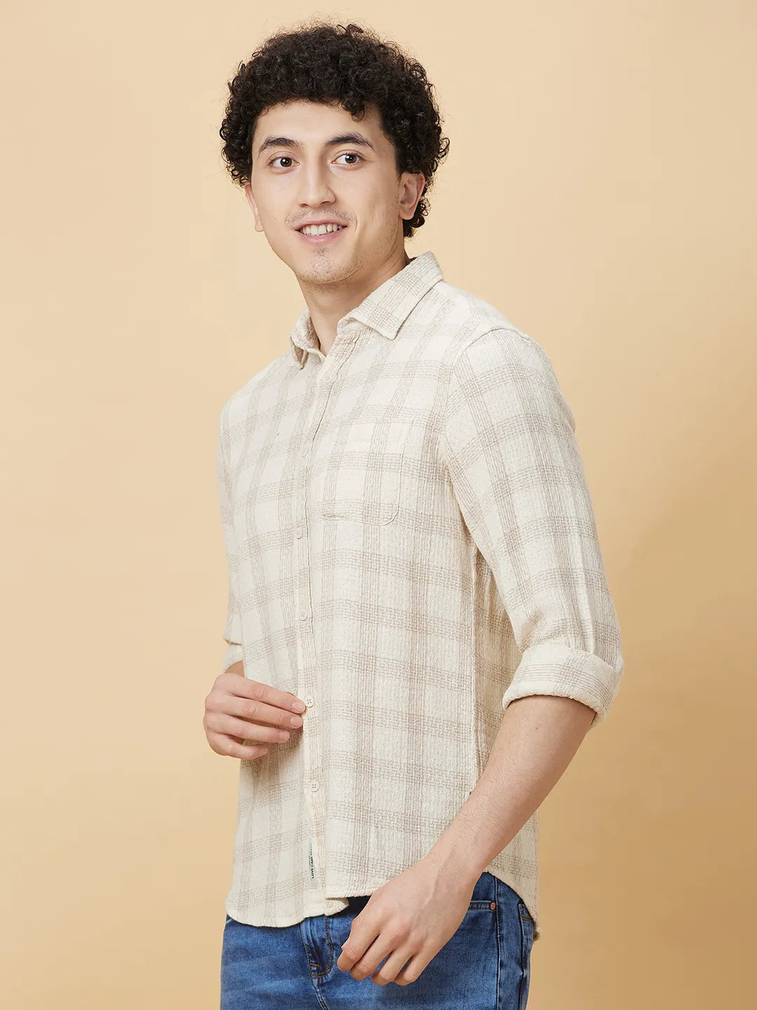 Cream Slim Fit Regular Collar Men's Shirt by Being Human Clothing