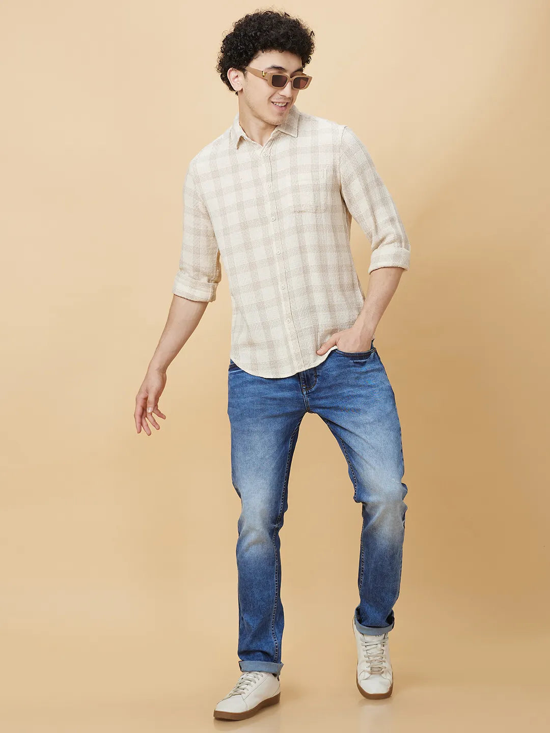 Cream Slim Fit Regular Collar Men's Shirt by Being Human Clothing