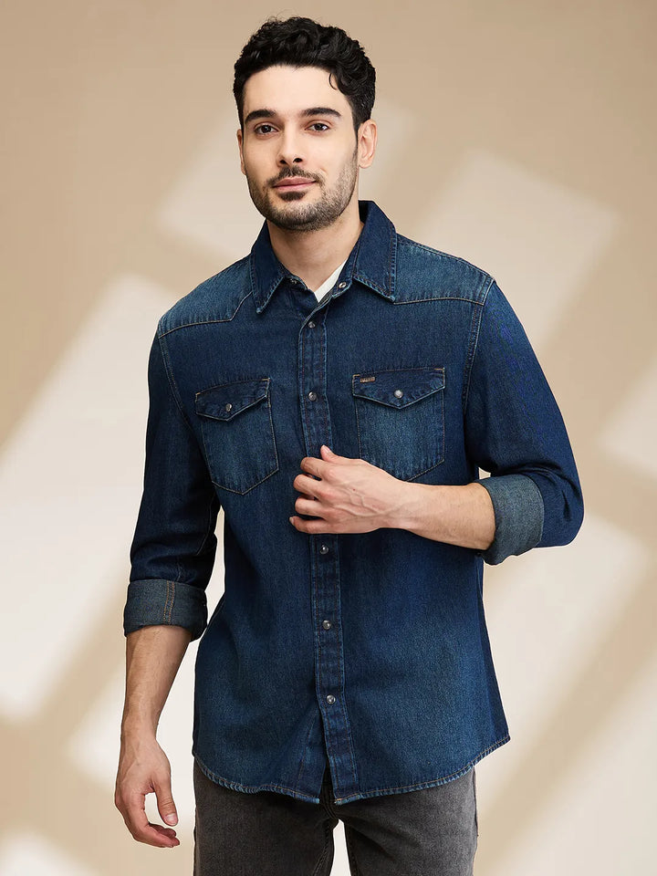 Dark Blue Slim Fit Regular Collar Men's Shirt