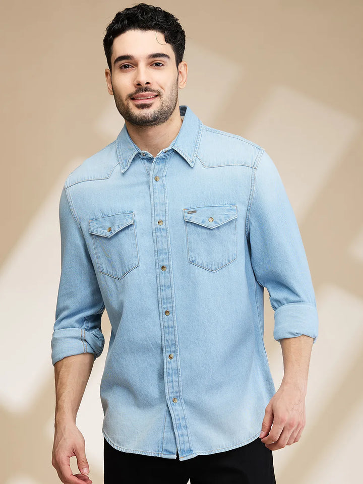 Light Blue Slim Fit Regular Collar Men's Shirt by Being Human Clothing