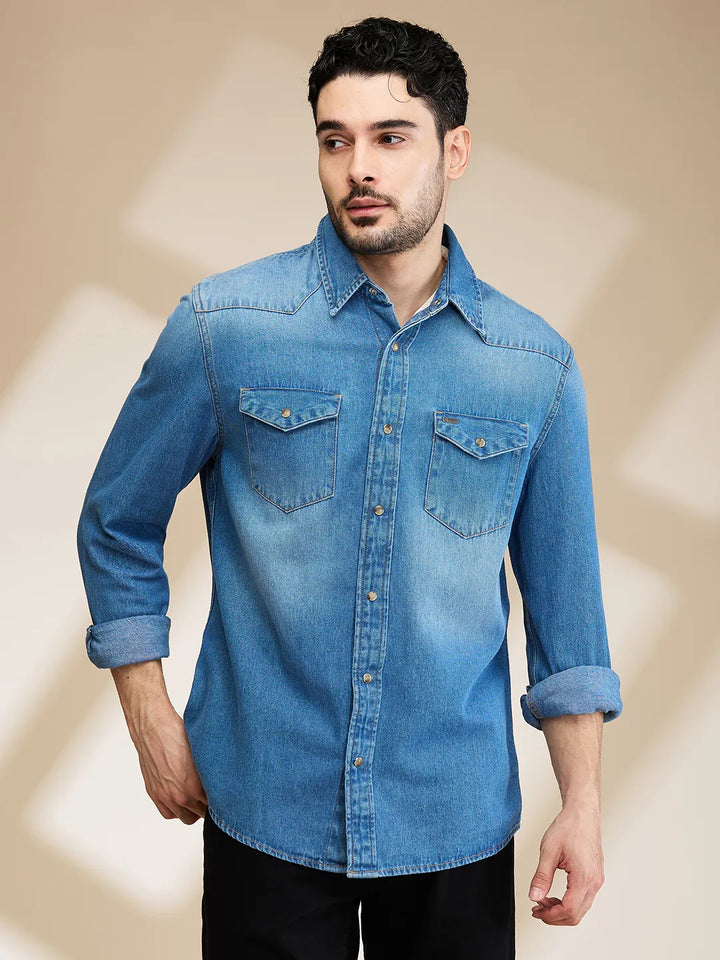 Blue Slim Fit Regular Collar Men's Shirt by Being Human Clothing
