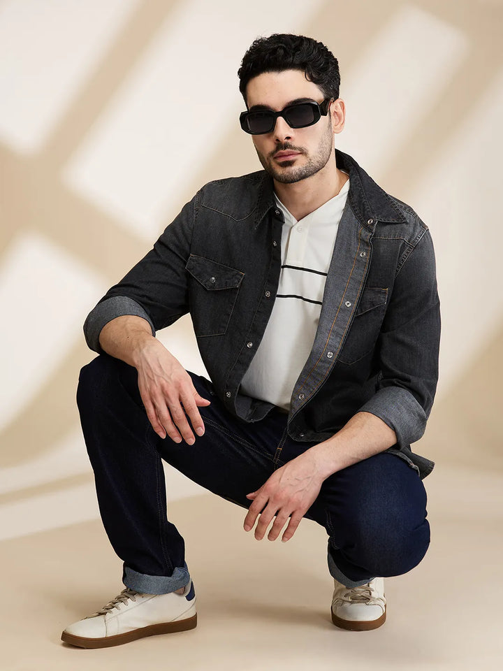 Black Slim Fit Regular Collar Men's Shirt by Being Human Clothing