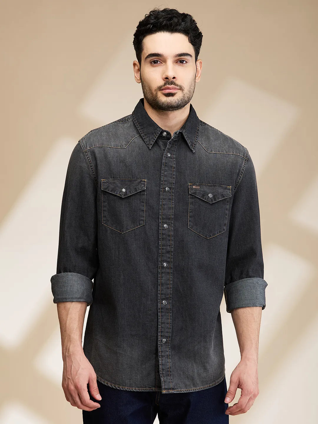 Black Slim Fit Regular Collar Mens' Shirt by Being Human Clothing