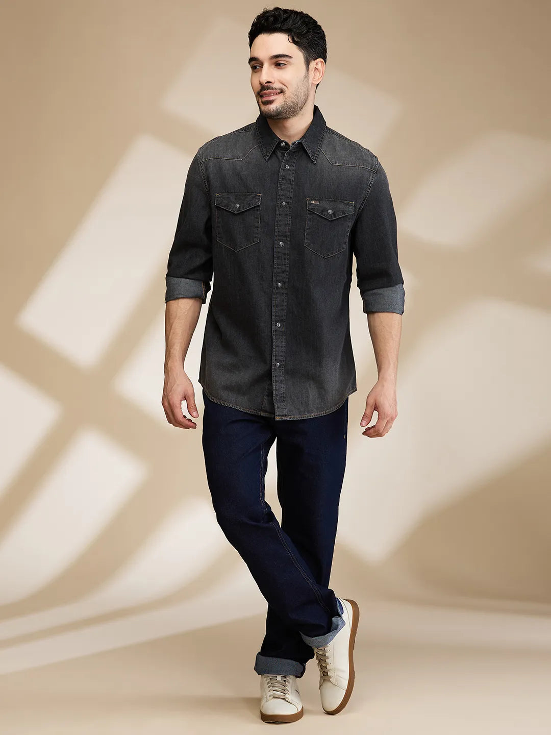 Black Slim Fit Regular Collar Mens' Shirt by Being Human Clothing