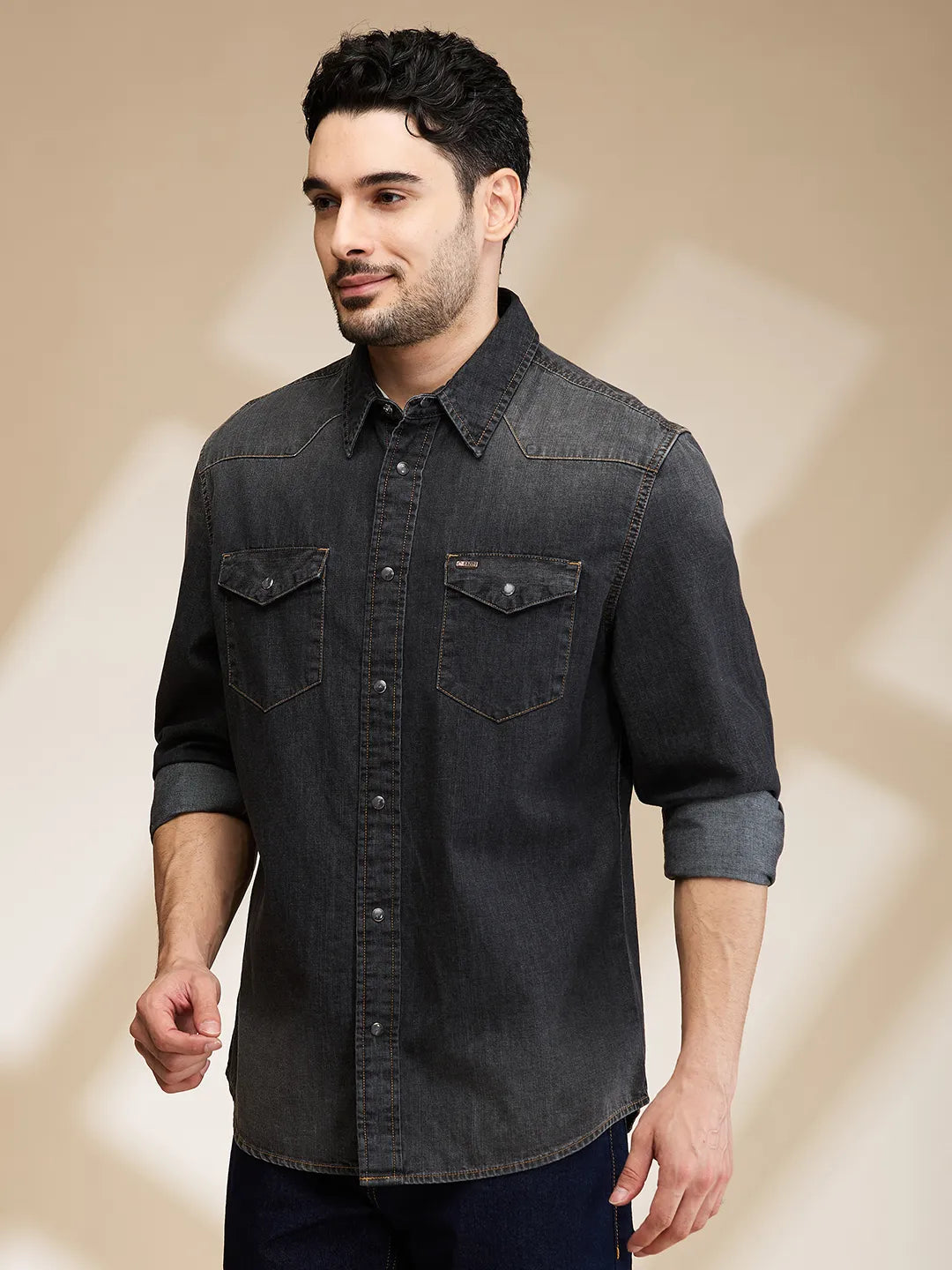 Black Slim Fit Regular Collar Mens' Shirt by Being Human Clothing