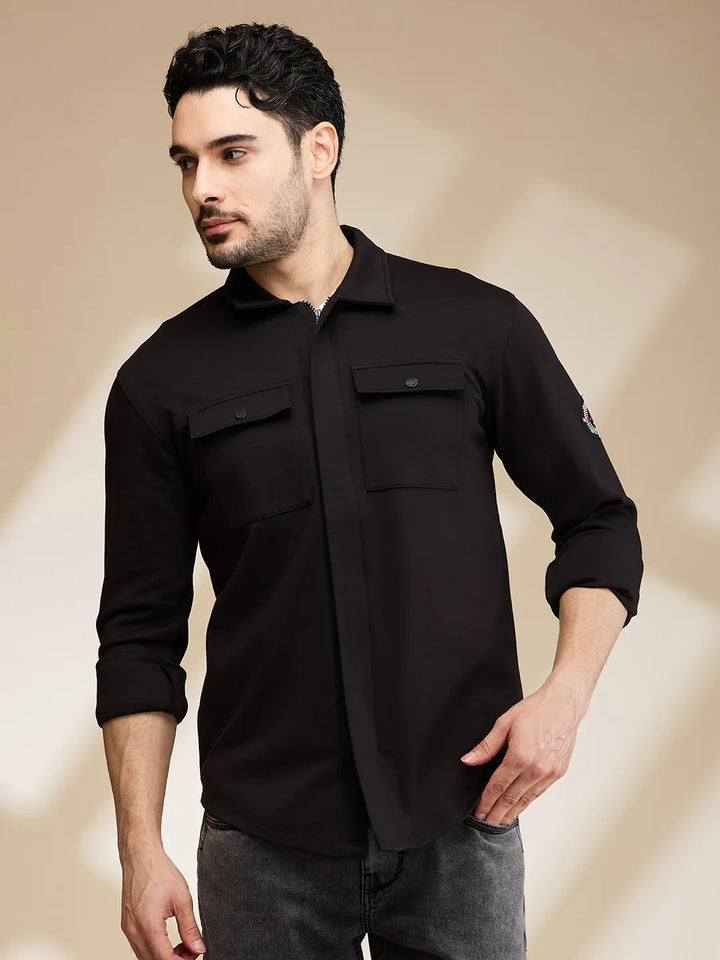 Black Slim Fit Regular Collar Men's Shirt by Being Human Clothing