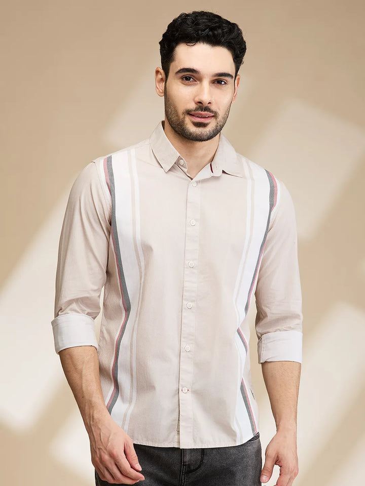 Beige Slim Fit Regular Collar Men's Shirt by Being Human Clothing