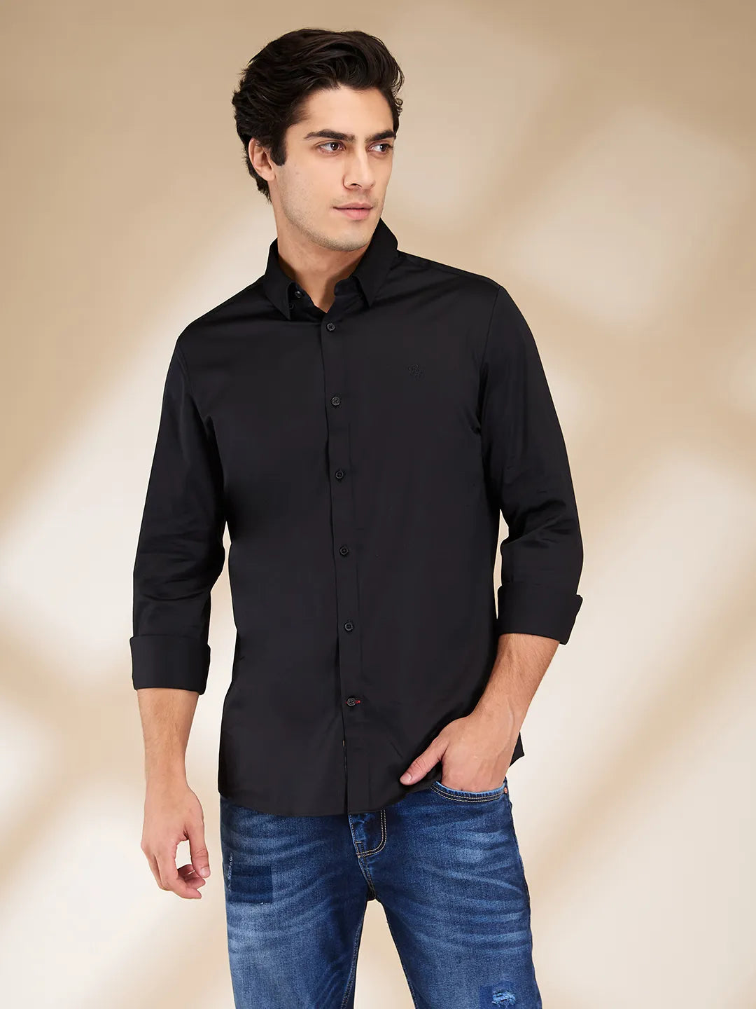 Black Slim Fit Regular Collar Men's Shirt by Being Human Clothing