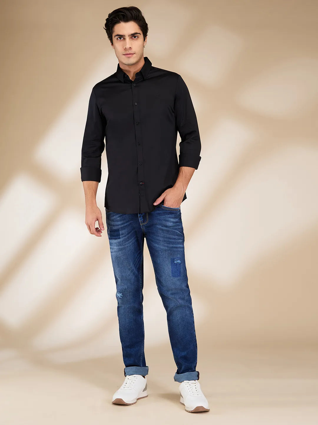Black Slim Fit Regular Collar Men's Shirt by Being Human Clothing
