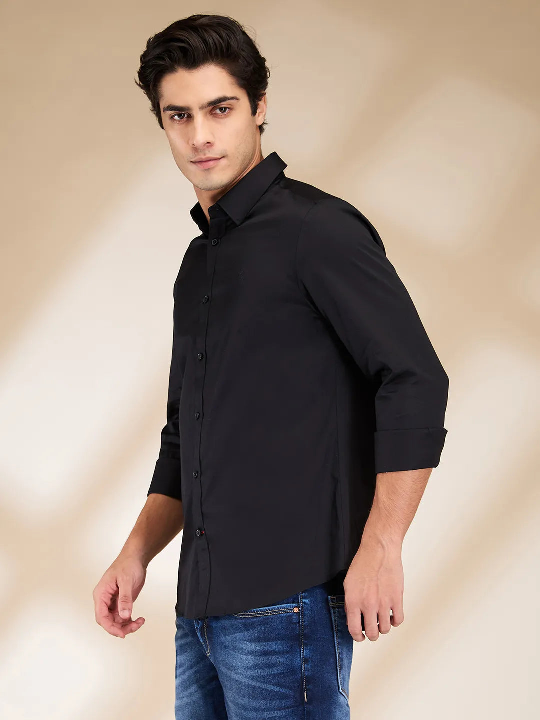 Black Slim Fit Regular Collar Men's Shirt by Being Human Clothing
