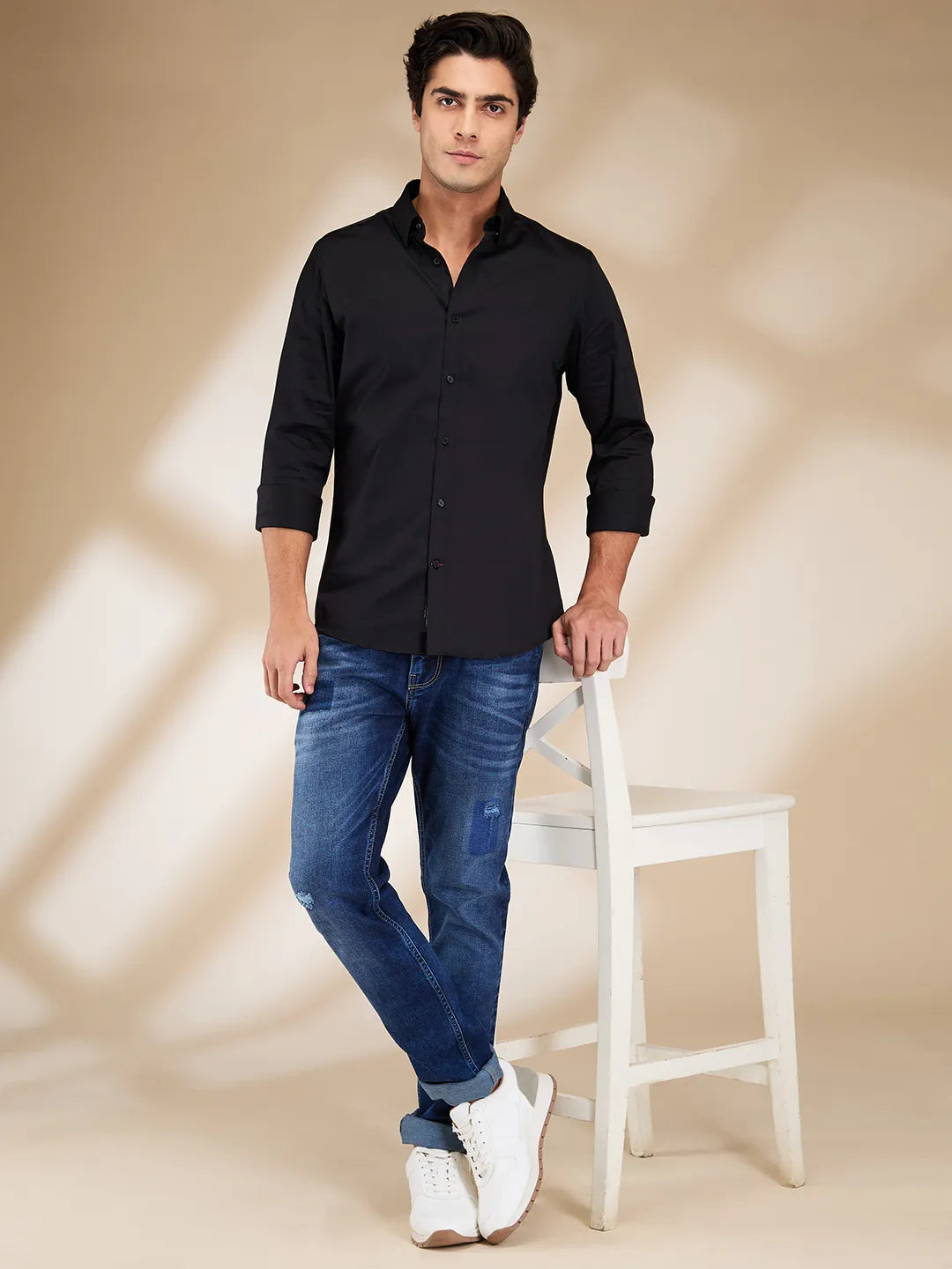 Black Slim Fit Regular Collar Men's Shirt by Being Human Clothing